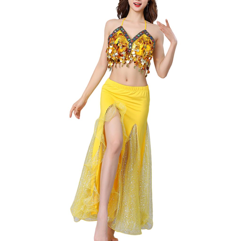 Dynamic Movement Belly Dance Outfit Glittering  Fringe Design Stage Show Ensemble Breathable Mesh Professional Wear