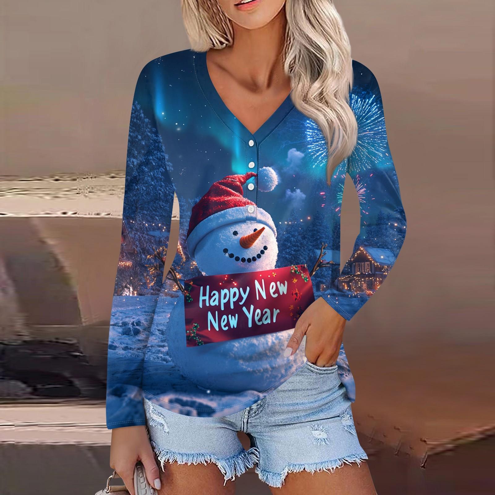 

Женская повседневная мода сексуальный комфорт рождественский принт V-образный вырез пуговицы длинный рукав XL небесно-голубой