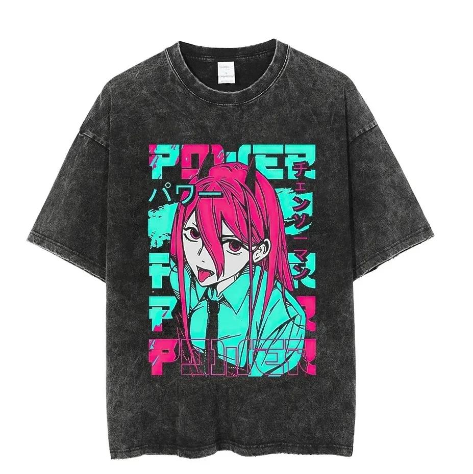Vintage Washed Tshirts Chainsaw Man Anime T Shirt for Men Women Harajuku Oversize Tee Cotton Fashion Streetwear Unisex Tops