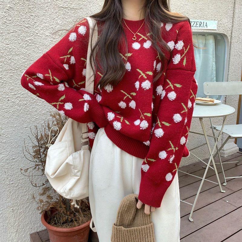 Outono Inverno Novo Suéter de Tricô Oversized Estampado Cereja Feminino Preguiçoso - Chic Gola Redonda Doce Suéteres Pulôver