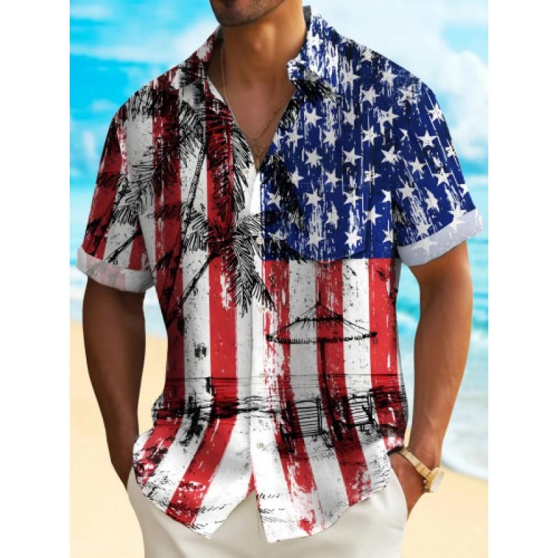 Mens Short Sleeve Casual Shirt Vintage Hawaiian Print Loose Fit Streetwear