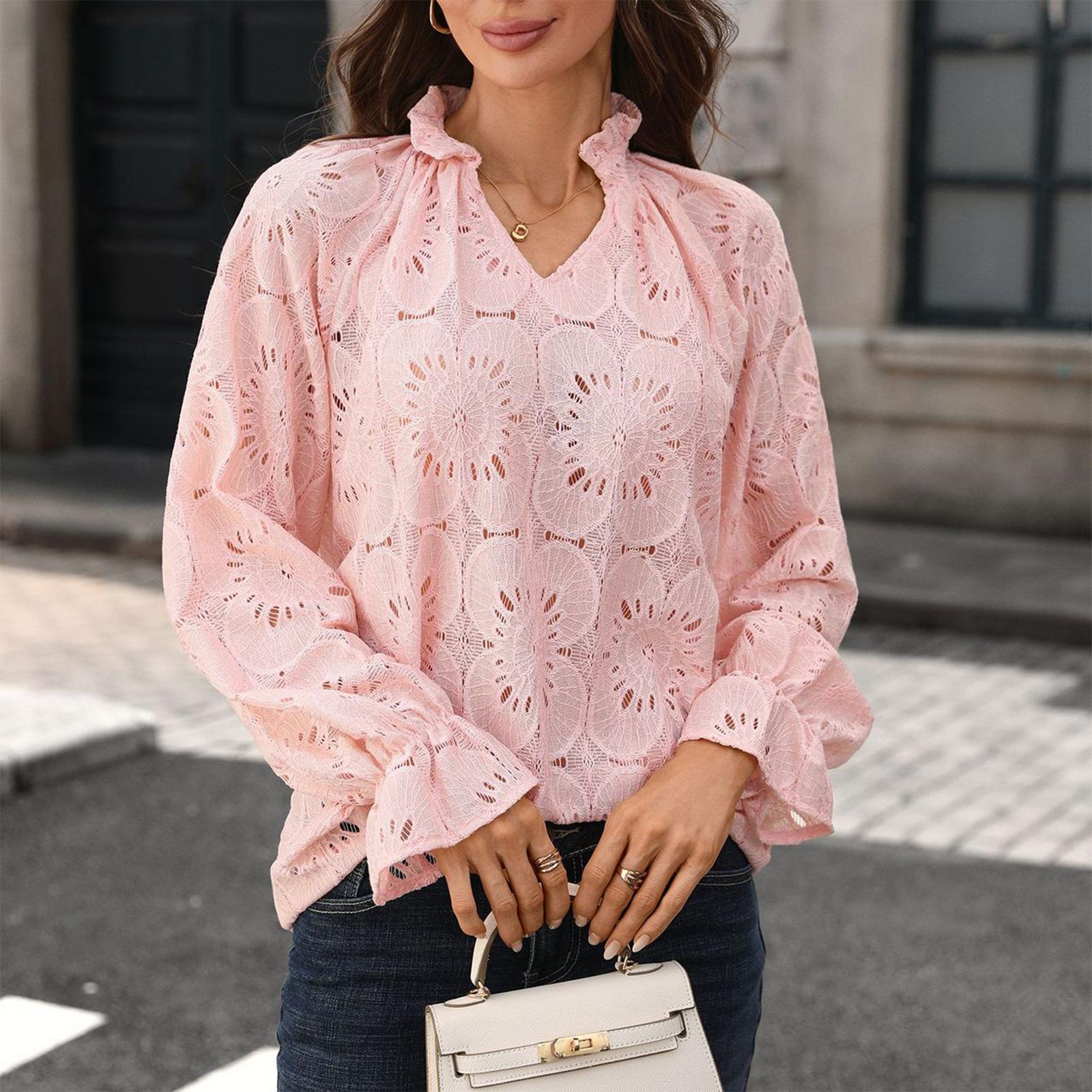 Women s Fashion Color V-Neck Loose Fit Long Sleeve Lace Blouse L