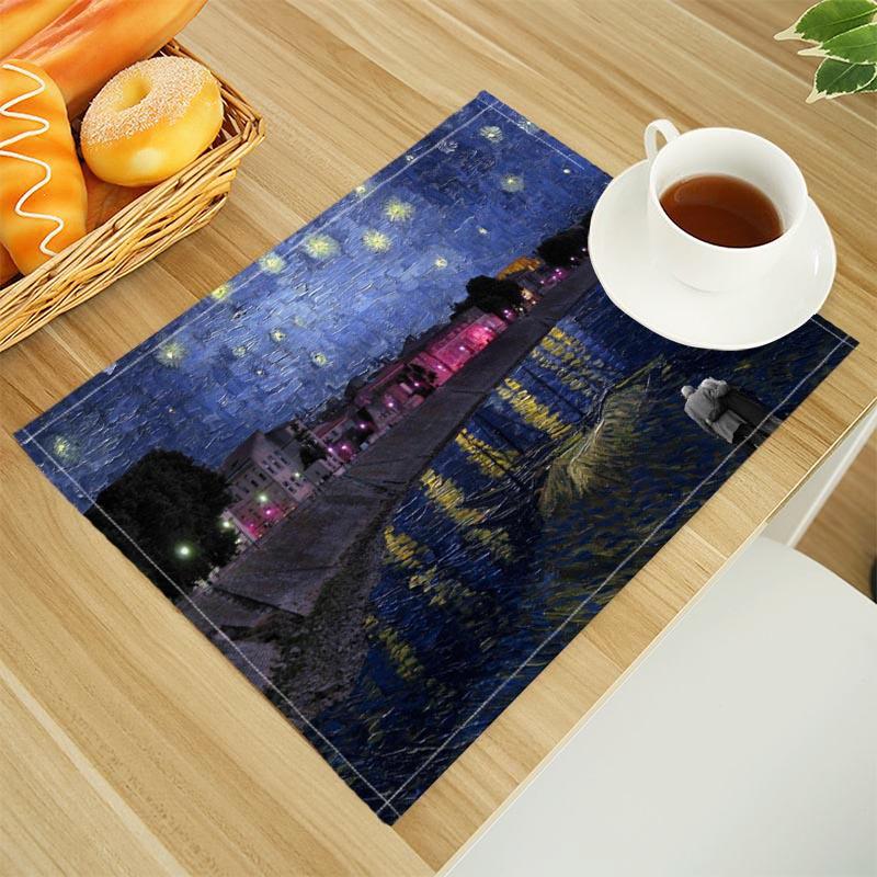 Van Gogh The Starry Night Print Linen Dining Table Mats Alphabet Kitchen Placemat 30X45cm Coasters Pads Bowl Cup Mat