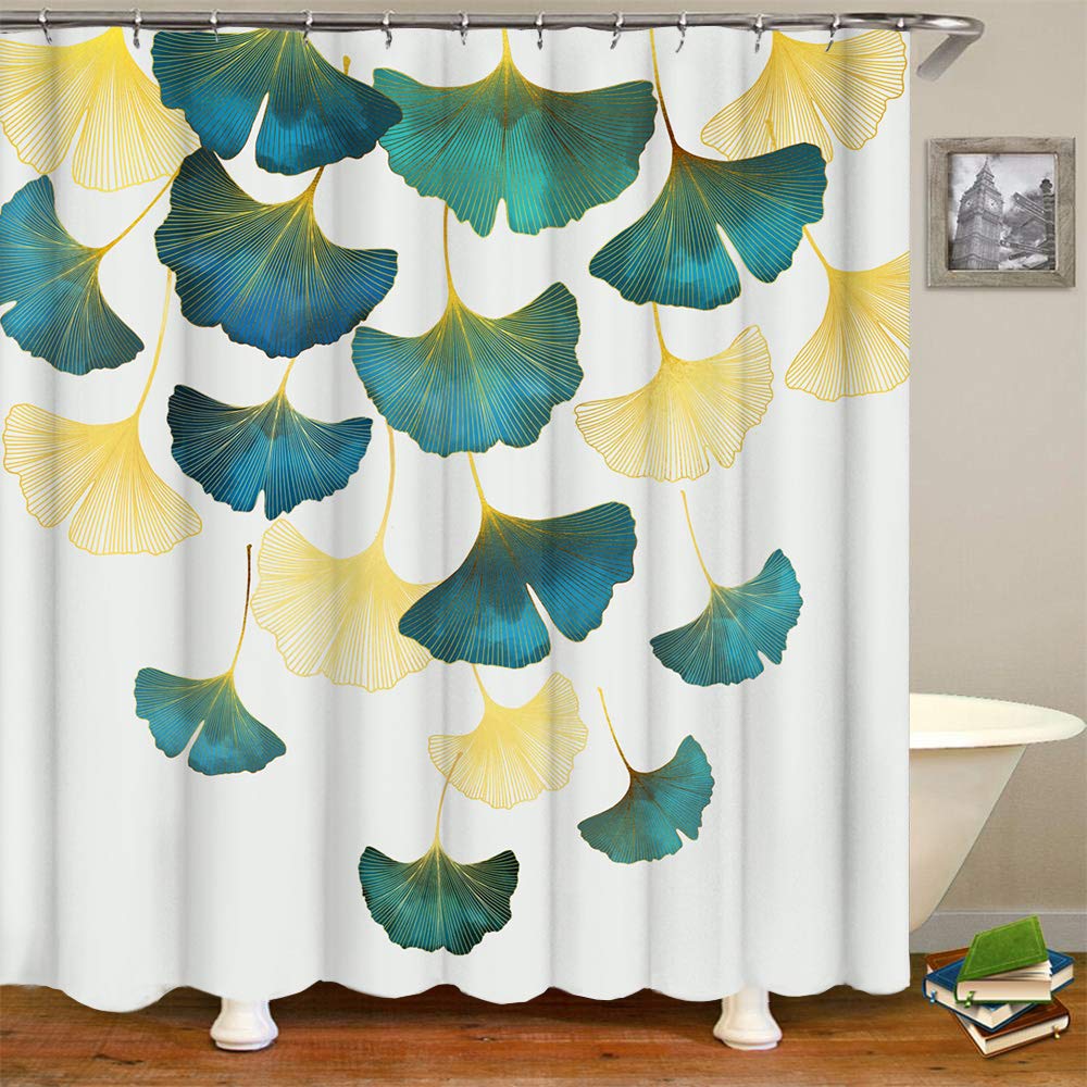 Green Ginkgo Biloba Shower Curtain Gold Ginkgo Leaves Modern Bathroom Shower Curtains Set Waterproof Botanical Bath Curtain Sets