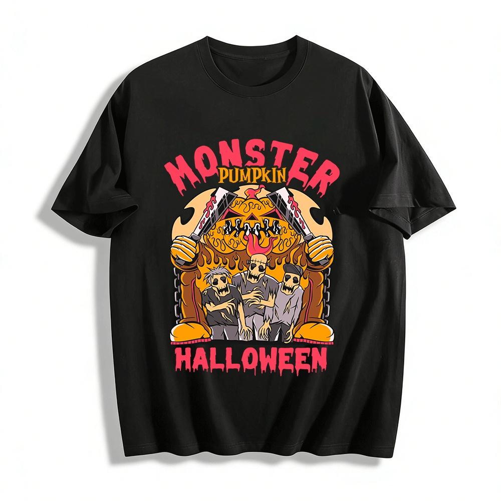 Halloween Monster Pumpkin Zombie Print Casual Crew Neck T-Shirt Pure cotton T-shirt XXS