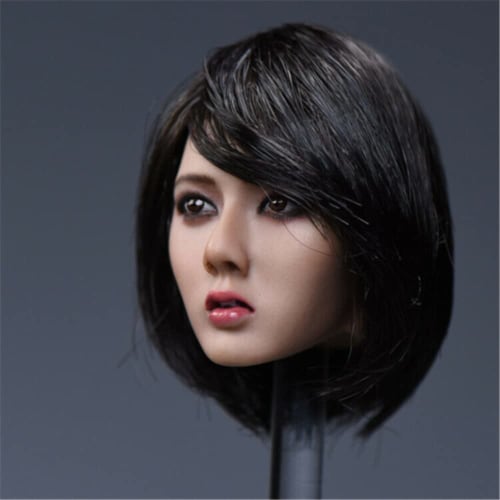1/6 Asian Beautiful Woman Head with Black Short Hair Carving Model Fits 12 Inch Action Figure Body