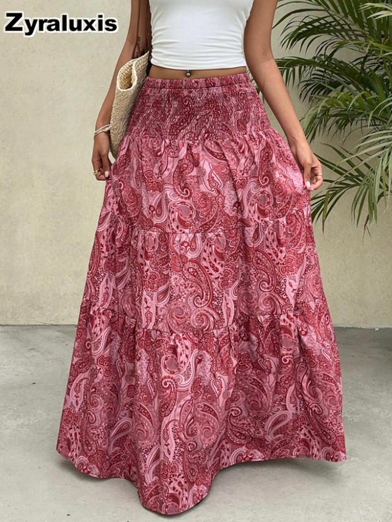 Bohemian Printed High Waist Maxi Dress Summer Vacation Style A-Line Flowy Layered Half Skirt
