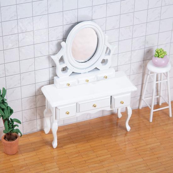 Mini Cabinet High Simulation Decoration Wood Dollhouse Dressing Mirror Table Model for Bedroom Scene