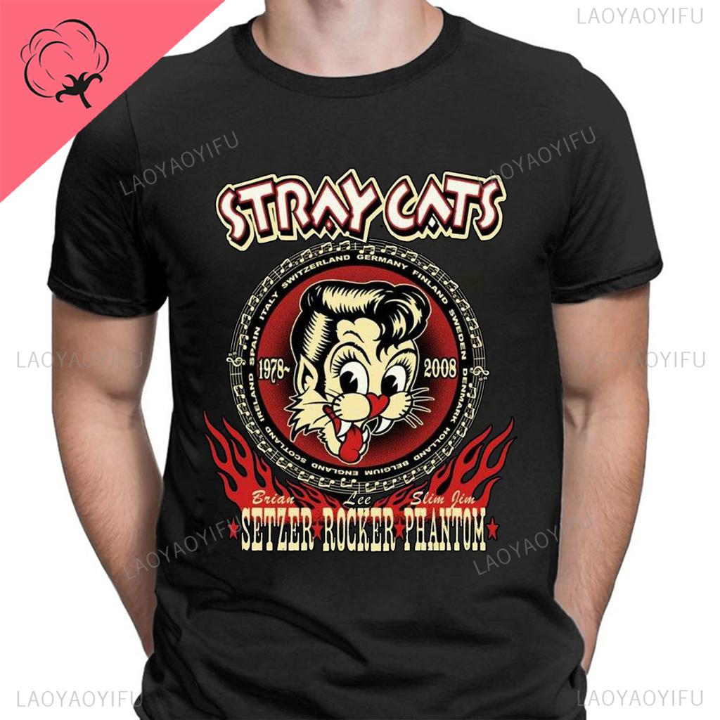 Stray Cats Rock Klassiska T-shirts Amerikanskt Rockabillyband Fan Hipster Streetwear Mode Andningsbar Pojke Flicka Män Kvinnor Bomulls T-shirt