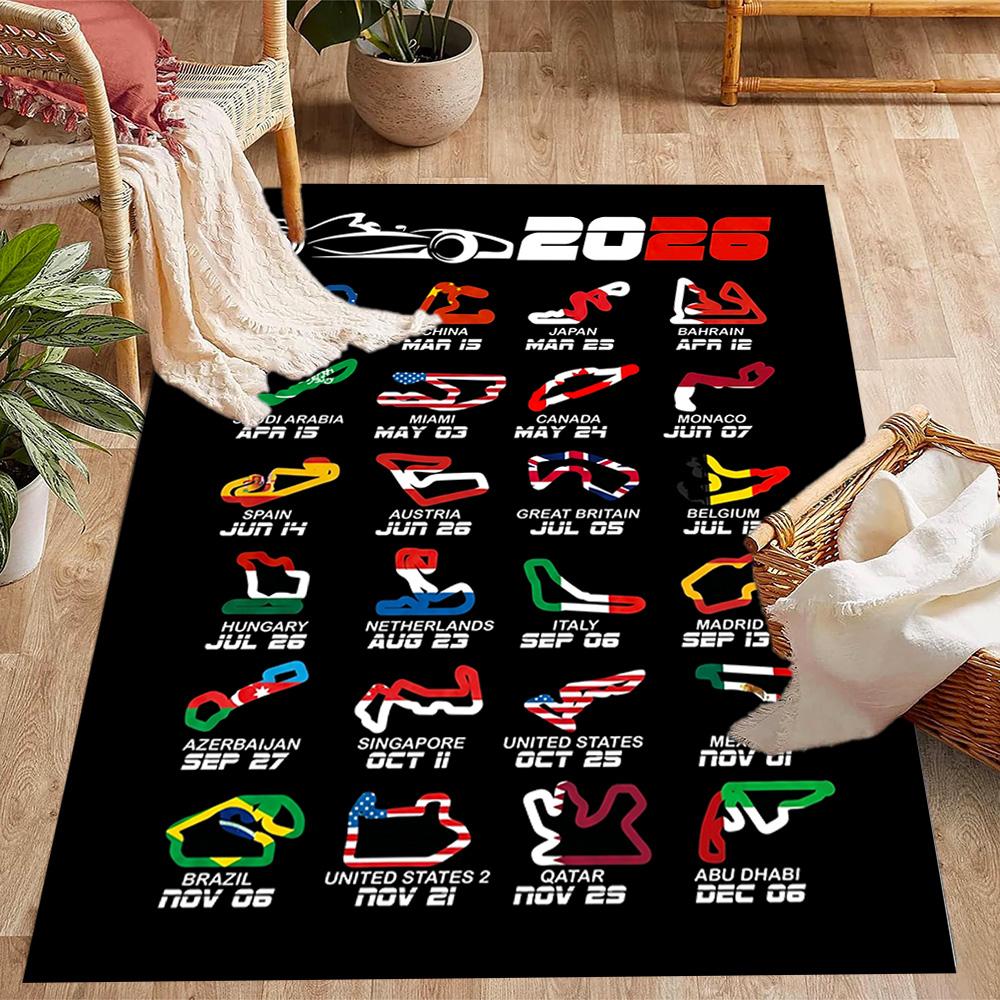 2026 Formula 1 Calendar Themed Anti-Slip Rugs - Polyester Home Decor, Suitable for Bedrooms, Living Rooms, Doorways, Studios, and Decorations