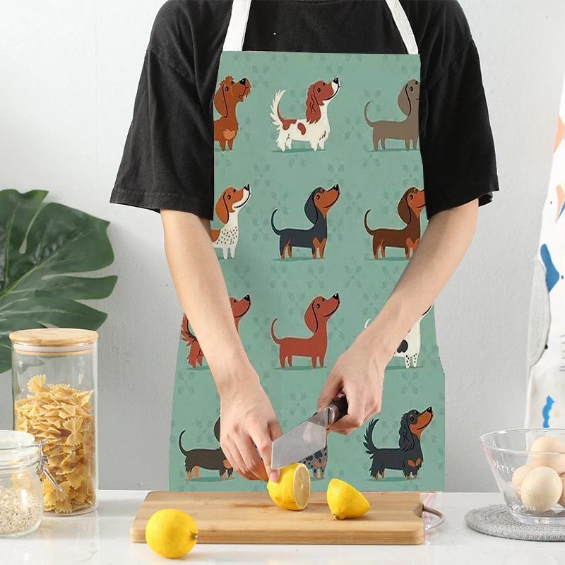 Animal Cartoon Dogs Printed Kitchen Aprons for Women Men Household Cleaning Pinafore Baking Accessories Linen Cooking Aprons