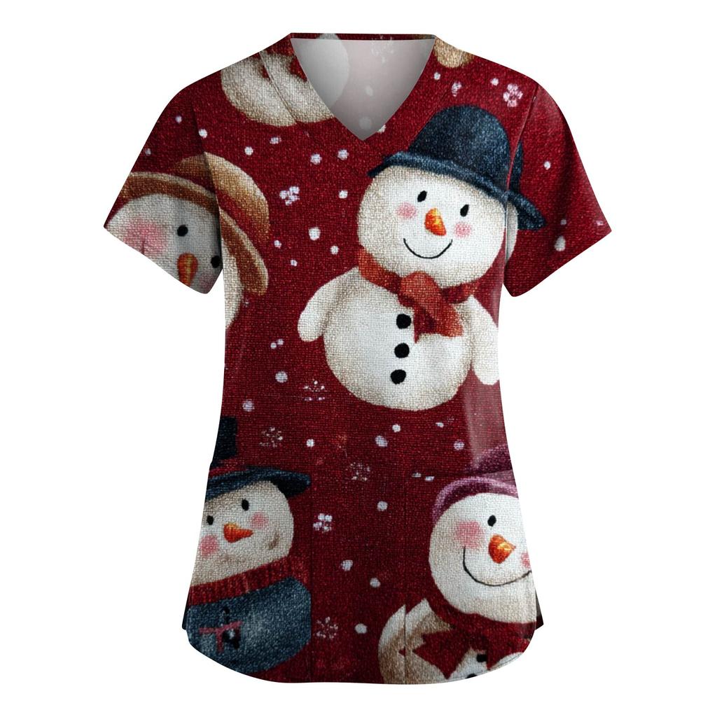 Women's Fashion V-Neck Short-Sleeved Workwear With Pockets Christmas Print Top Caregiver Uniform