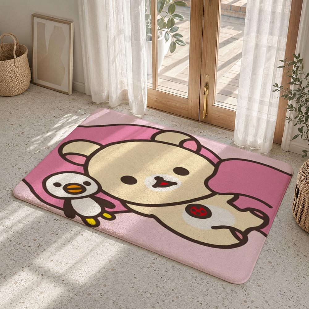 Cute Cartoon Rilakkuma Floor Mat Flannel Rug Non Slip Absorbent Soft Washable For Entryway Hallway Bathroom Kitchen Decor