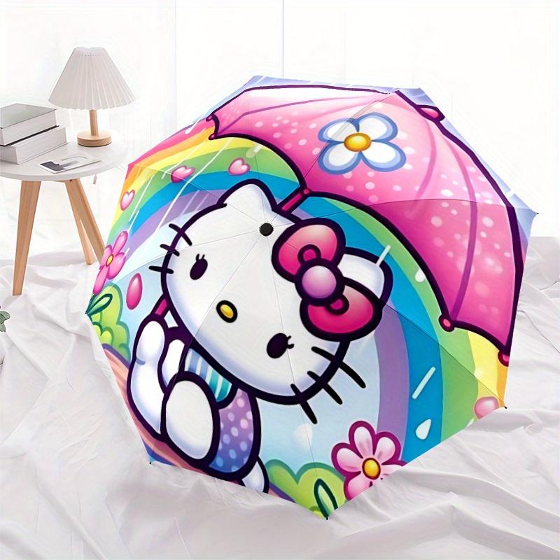 Rainbow Hello Kitty Automatic Folding Umbrella with Sturdy Iron Frame, Portable Compact Travel Umbrella All-Season Use Parties011