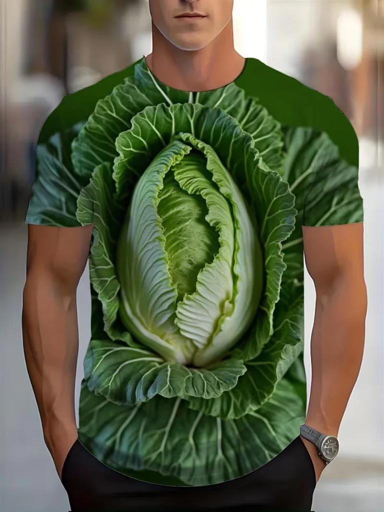 The Interesting Cabbage and Lettuce Pattern Summer 3D Printed Large-sized Men's T-shirt Is Suitable for Daily Wear