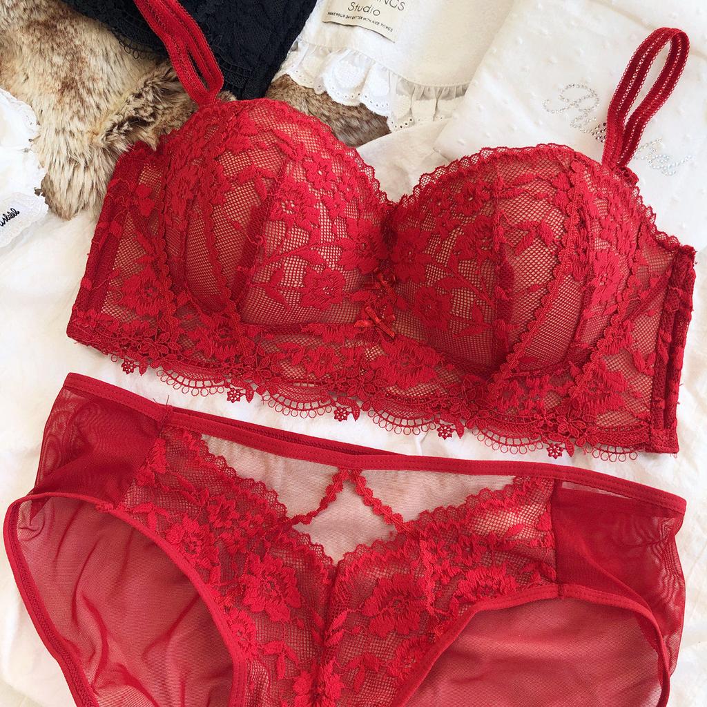 Sexy Lace Flowers Embroidery Underwear Set for Women Comfort Thicken Cup Push Up Bra Detachable Strap Top Bralette Lingerie Sets
