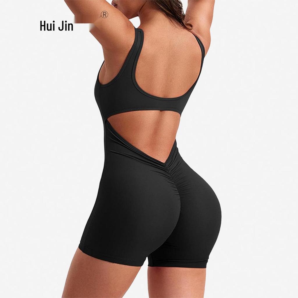 Women's Backless Slim Fit Yoga Jumpsuit - High Elastic, Hip Lifting, Square Neck, One-Piece Sports Shorts.