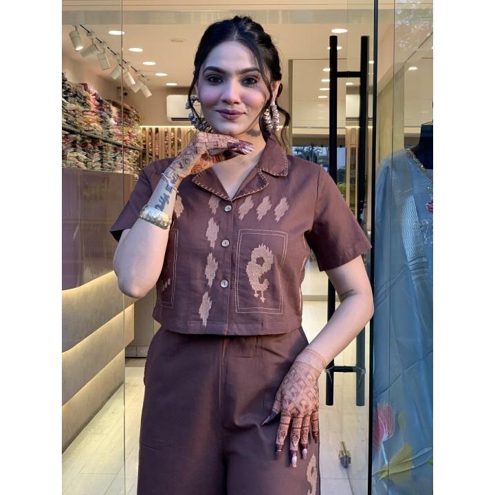 Women Summer Session Shirt Style Cord Set with Embroidery Pure Cotton Palazzo VSO-1733 C