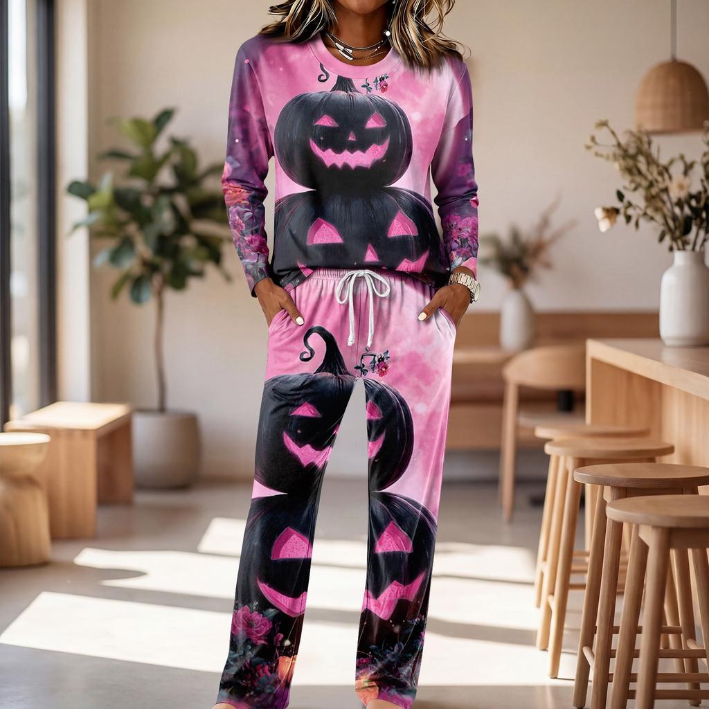 Women's Round Neck Long Sleeve Drawstring Wide Leg Pajama Set for Casual Loungewear