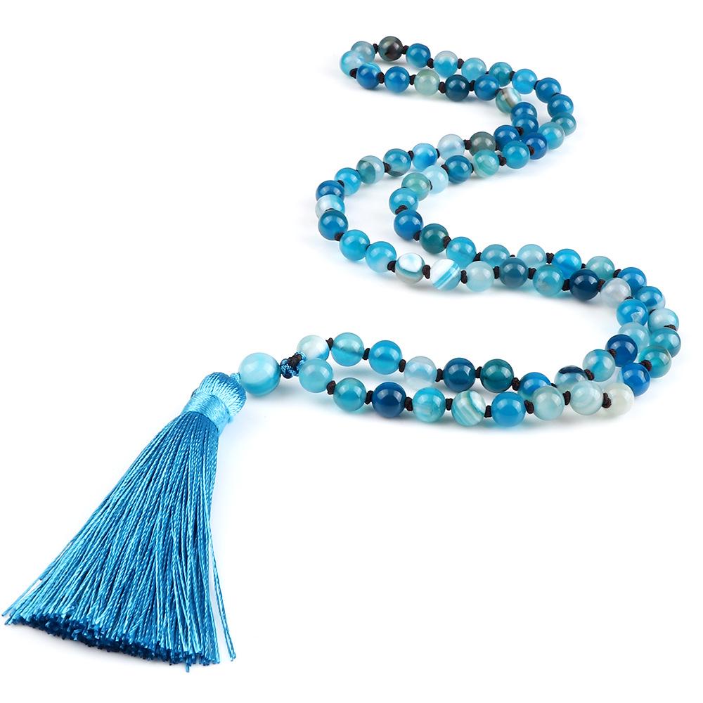 European 8mm Stone Bead Tassel Necklace and Multi-Strand Buddhist Bead Bracelet