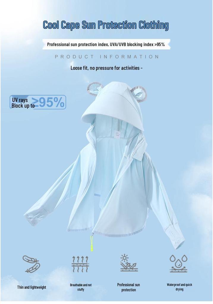 UPF50+ Kids Sun Protection Hooded Summer Jacket - Lightweight, Breathable, Anti-UV, Ice Silk Fabric