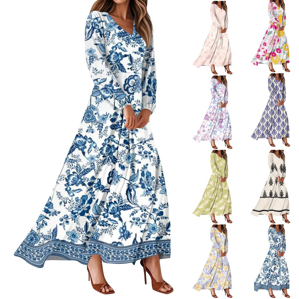 Dámské letní šaty Ležérní šaty maxi s dlouhým rukávem Roztomilé květinové šaty maxi Šaty pro svatebního hosta Vzdušné šaty