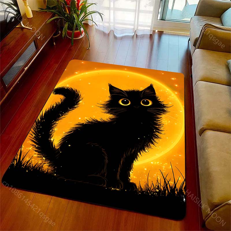 1PC Black cat with orange background Print Carpet Rug for Living Room Bedroom Sofa Doormat Home Decor Non-slip Floor Mat