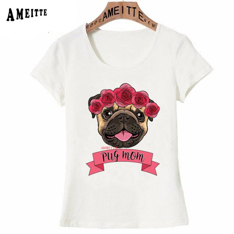 Summer Cute Women Short Sleeve Pug Mom Flower Crown Print T Shirt Girl Casual Tops S