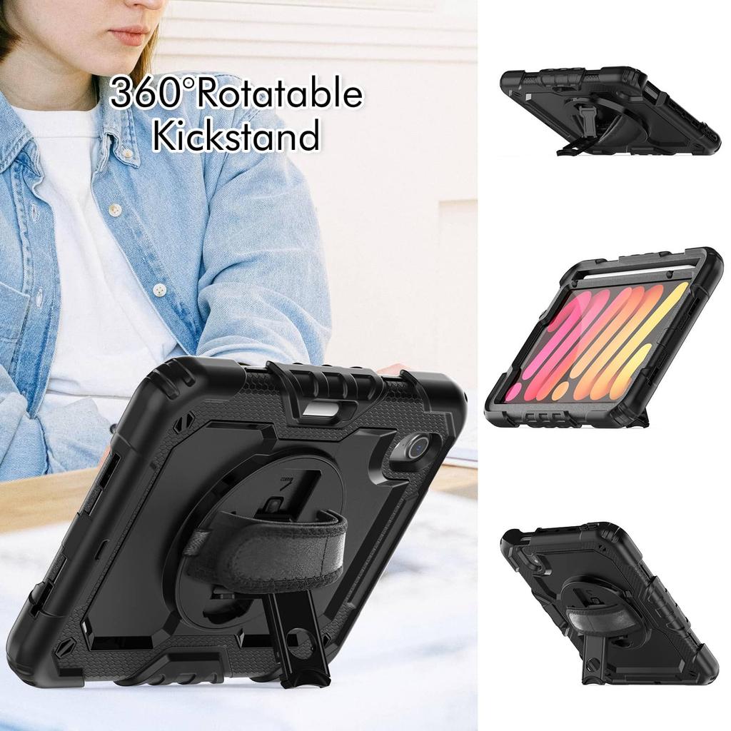 Case for IPad Mini 7 (A17 Pro)2024/ Mini 6 8.3'' with Screen Protector Pencil Holder [360 Rotating Hand Strap] &Stand Shockproof