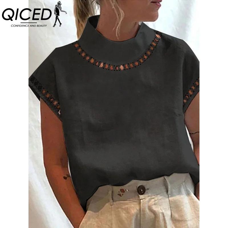 QICED Women's Fashion Casual Solid Color Print Short Sleeve Blouses & Shirts