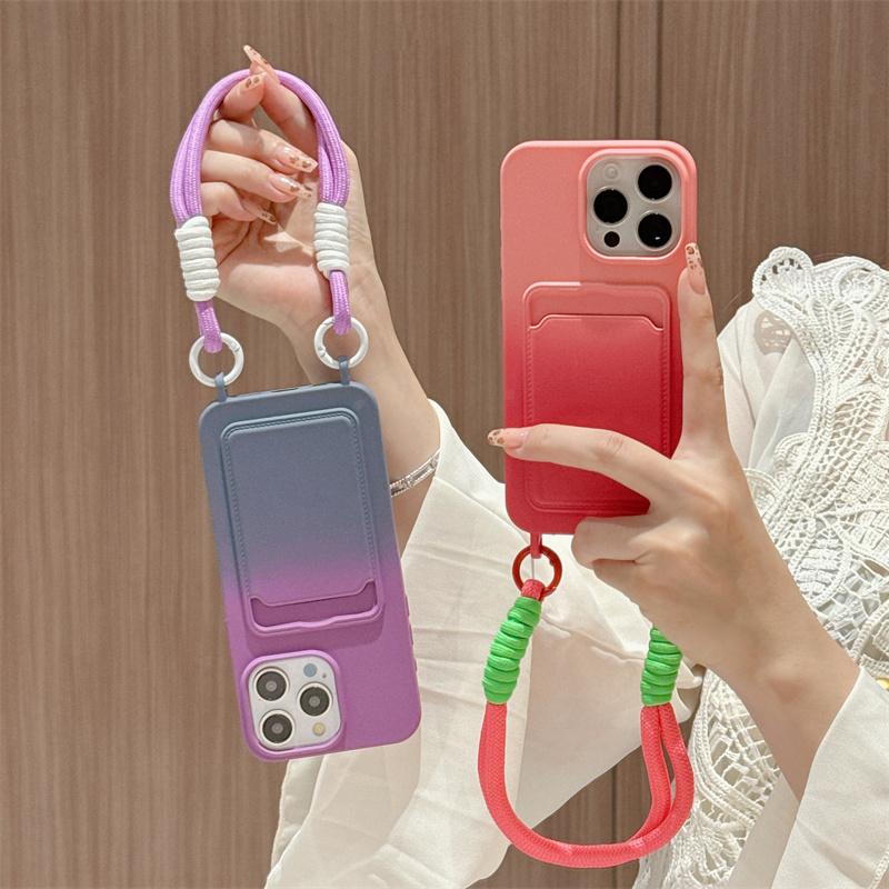 Gradient Color Cute Card Slot Holder Phone Case For iPhone 16 15 Pro 12 13 14 Pro Max Cover with Hand Rope Strap Silicone Cases