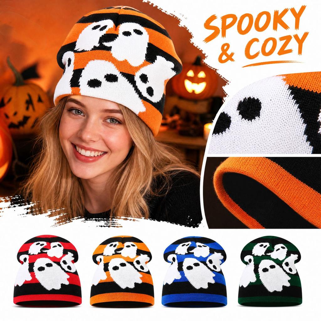 Halloween Pumpkin Knit with, Warm Winter Cuffed Hat for Adults and Kids