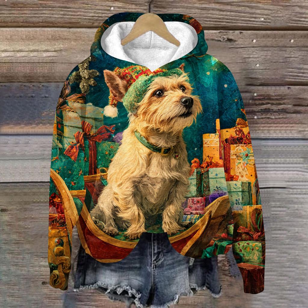 Women's Fashion Long Sleeve Christmas Print Loose Hooded Sweatshirt Top