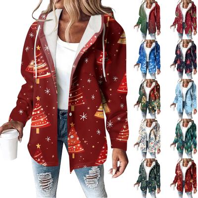 Hoodies für Frauen Winter Warm Sweatshirt Knopf Kordelzug Kapuzen Print Jacke Mantel