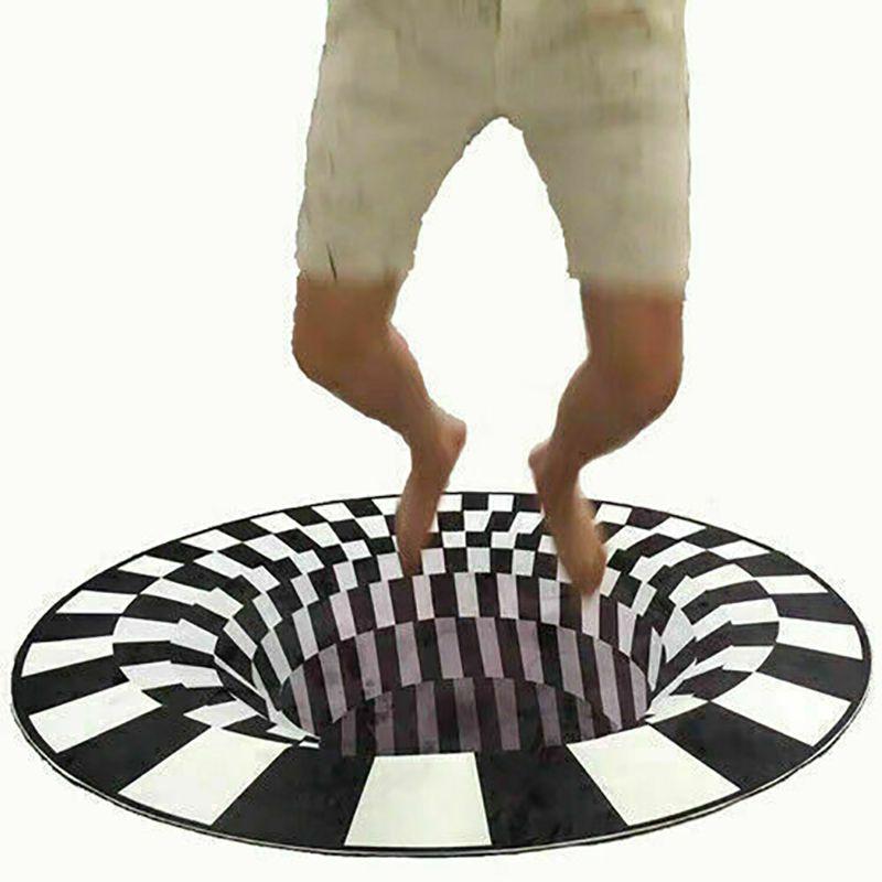 Luxurious Oval Black White Grid 3d Illusion Vortex Bottomless Hole Non-slip Carpet
