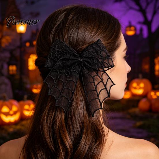 Mesh Bow Hair Clip Halloween Bat Spring Clips, Black White Lace Spider Web Holiday Themed Barrettes, Gothic Dark Style for Women Cosplay Costume