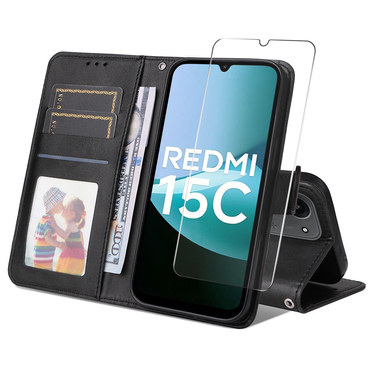 

For Xiaomi Redmi 15C 5G (EU) (173mm)/15C 4G (EU) (173mm) PU Leather Wallet Case Phone Stand Cover with Tempered Glass Black