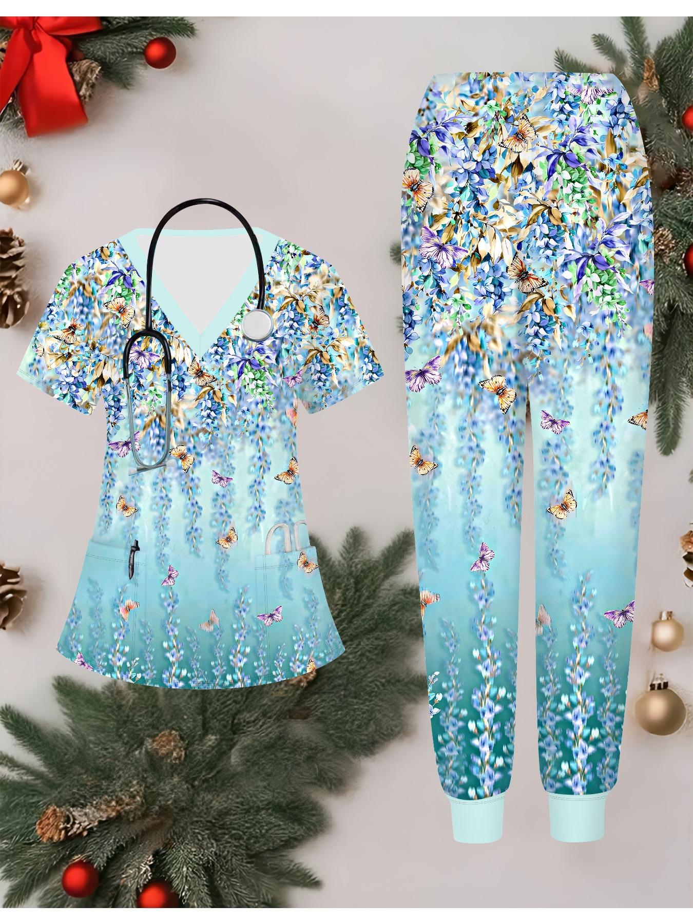 

Женский комплект медсестры с 3D-принтом цветов, короткий рукав, длинные брюки с карманом, повседневный, модный, рождественский подарок XXL темно-розовый