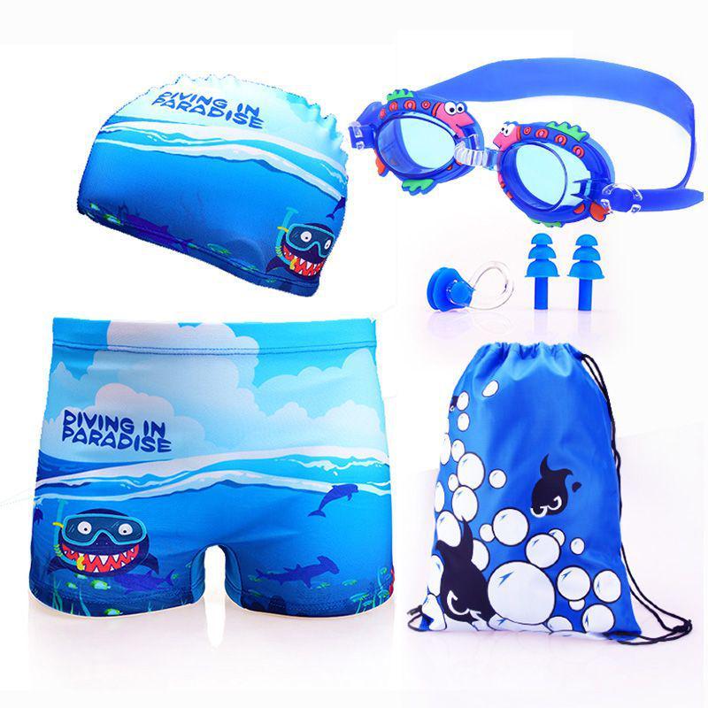 Kids' Quick-Dry Swim Trunks & Cap: Cartoon Square Leg, Small To Large Sizes for Boys & Teens