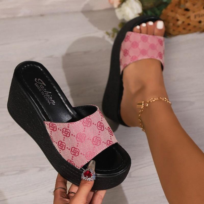 Autumn New Large Size Wedge Slippers Plum Blossom Denim Wedge Heel One-character with Slippers Women