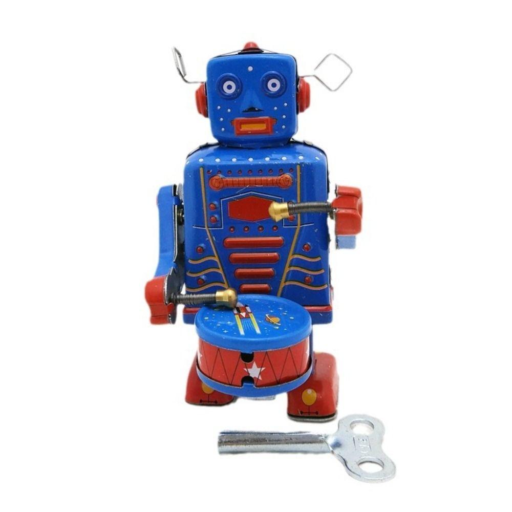 Iron Metal Wind Up Walking Robot Drumming Robot Vintage Mechanical Clockwork Collection