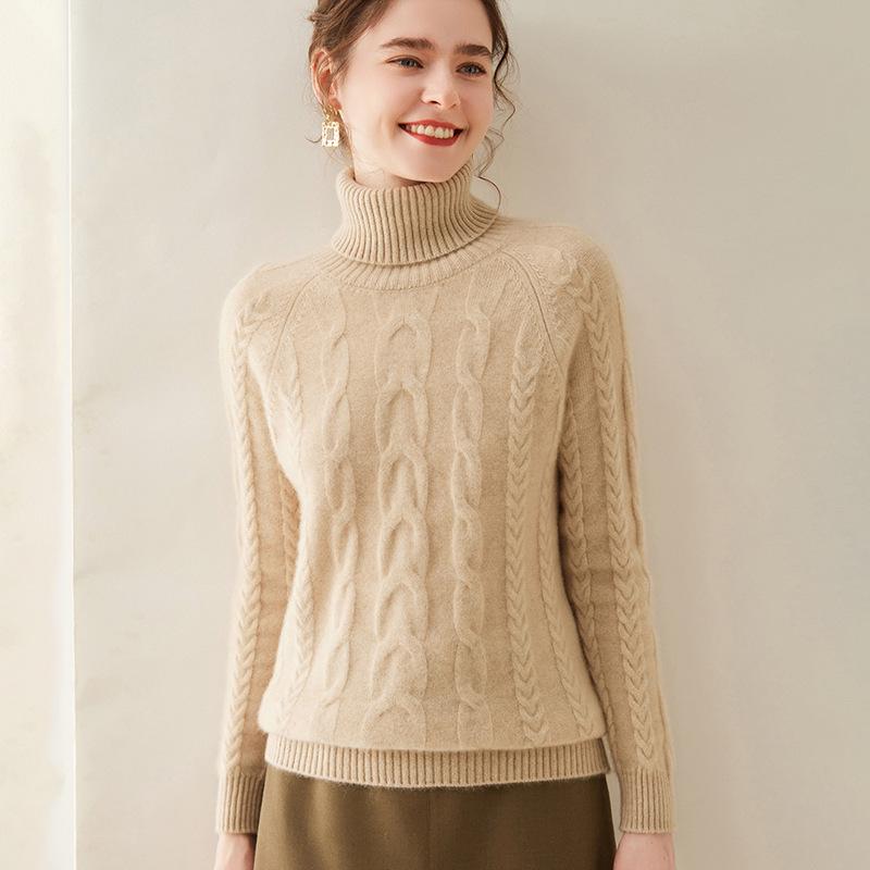 Women's High Neck Cable Knit Cashmere Sweater, Slimming Long Sleeve Thick Pullover for Autumn and Winter