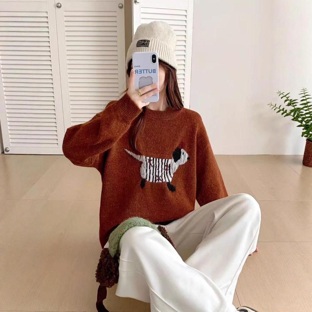 Women's Autumn/Winter 2025 Thickened Embroidered Puppy Pullover Sweater, Age-Reducing Knitted Layered Top
