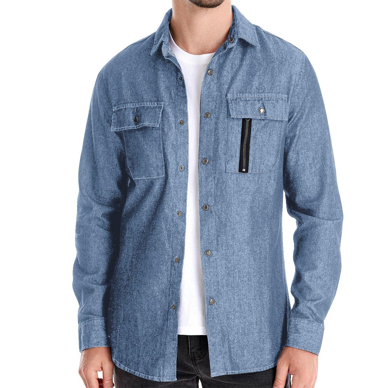 

Мужская однотонная джинсовая рубашка с лацканами и пуговицами, мужская повседневная рубашка с длинным рукавом и карманом, выстиранная XXL