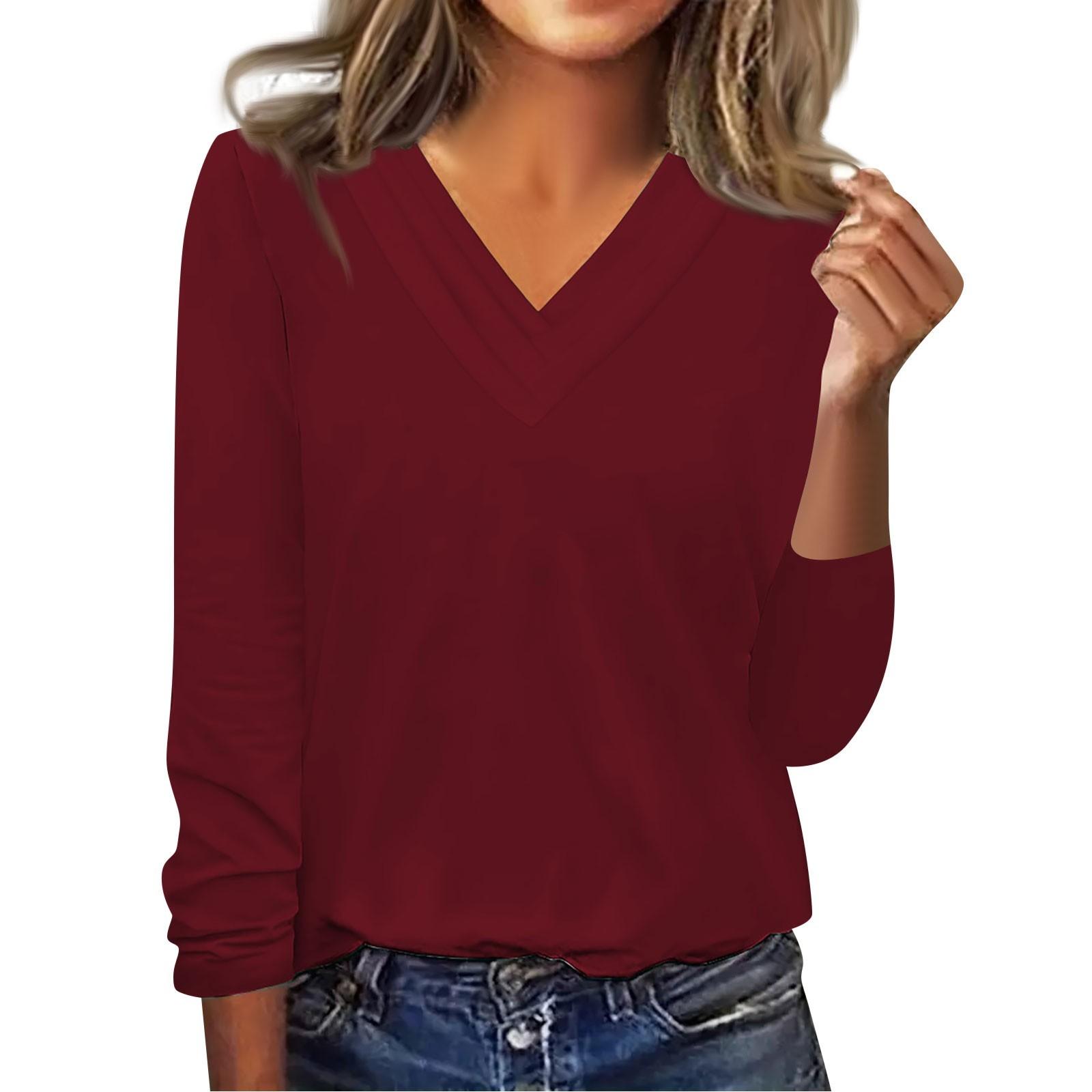 

Жіноча мода Однотонний багатошаровий топ-худі з V-подібним вирізом Осінній топ з довгим рукавом для жінок L винний
