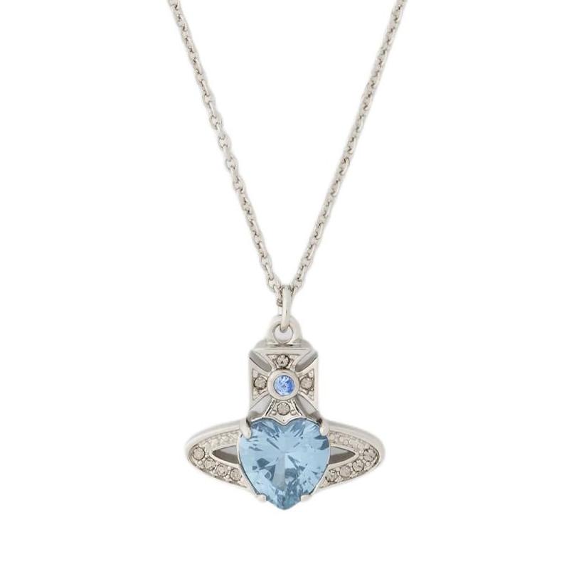 Vivienne Westwood Ariella Saturn Blue Heart Rhinestone Pendant Necklace Women necklace Silver 1250952008-090 Basic Packaging-Dust Bag+Box