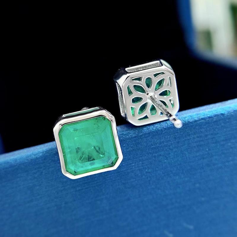 Lulu Tong Simulated Emerald Cut Stud Earrings, 3 Carat Bezel Set in Silver - European & American Style (2022)