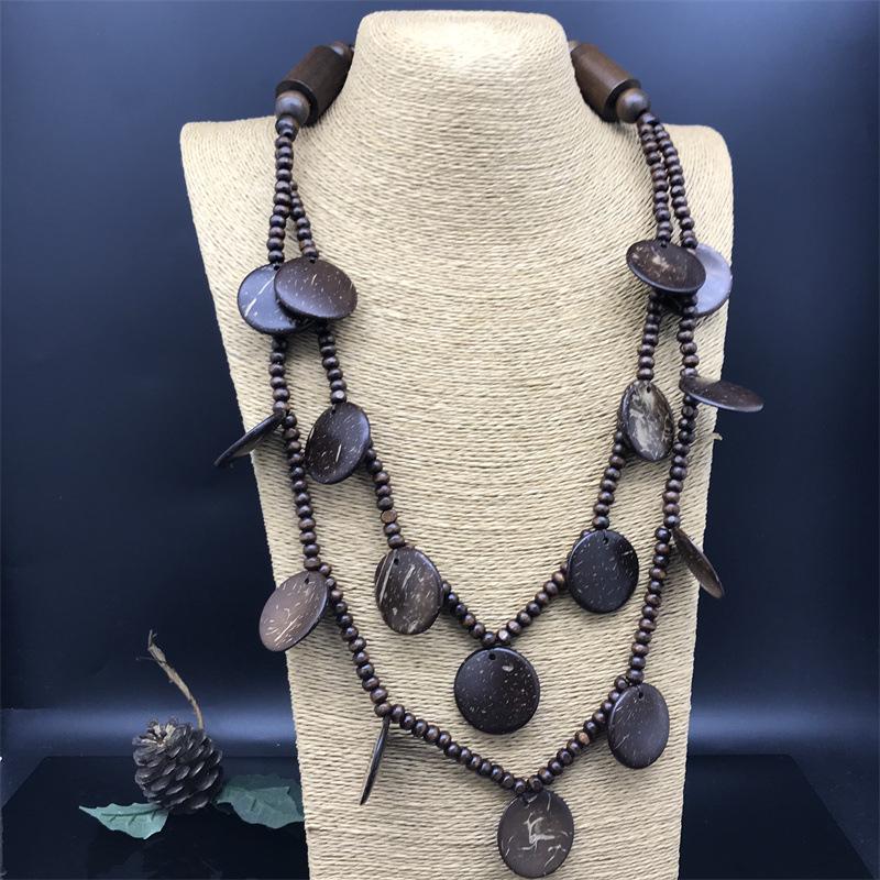 Retro Natural Double-Layer Wooden Round Pendant Necklace