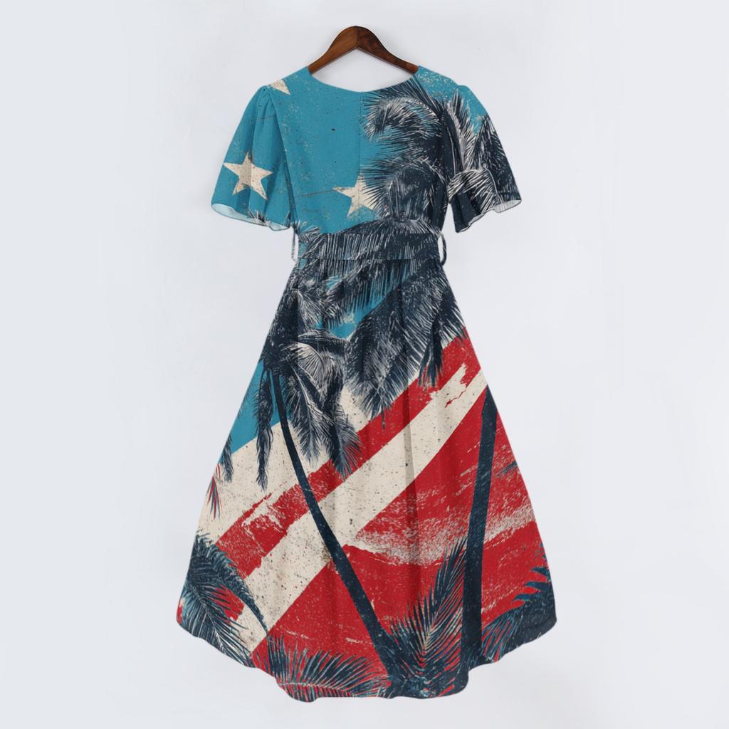 Women's Casual V-Neck Short-Sleeve Independence Day Print Dress