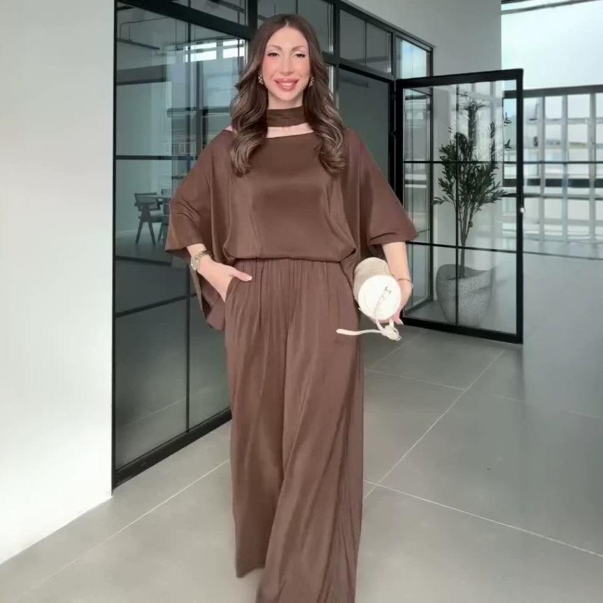 Cross-border Amazon foreign trade 2026 spring and autumn new European and American loose streamer long-sleeved top high-waisted wide-leg pants set